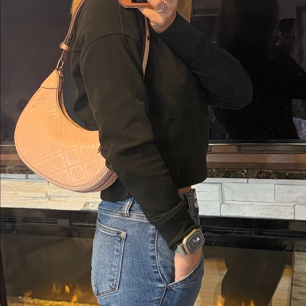 Tory Burch T Monogram Leather Crescent Bag - Blush - Picture 3 of 11